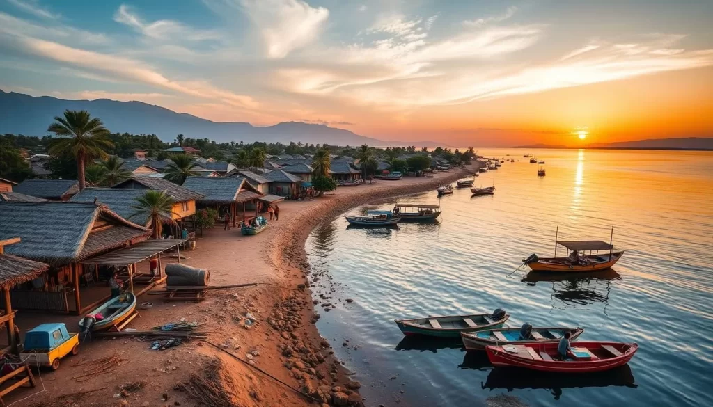 Generate an image of a vibrant fishing town with palm-thatched dwellings along the shores of Lake Turkana.