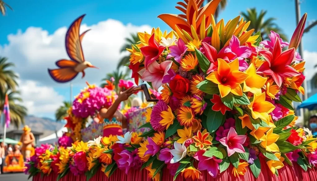 Generate an image of a vibrant floral parade float representing Hawaiian culture