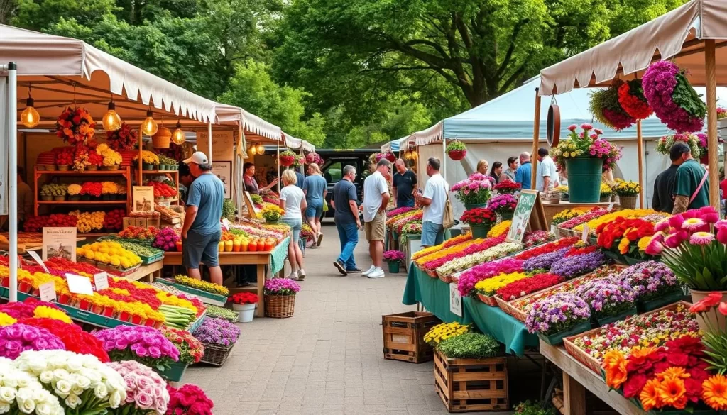 Generate an image of a vibrant flower festival with local produce stands and gardening demonstrations.