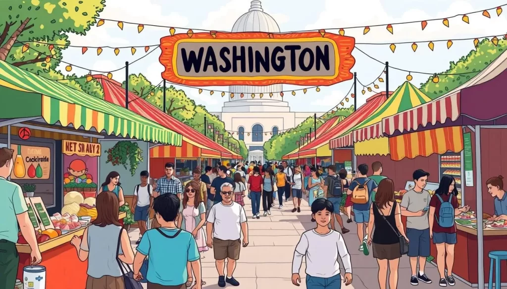 Generate an image of a vibrant food festival in Washington, with diverse food stalls and happy visitors.