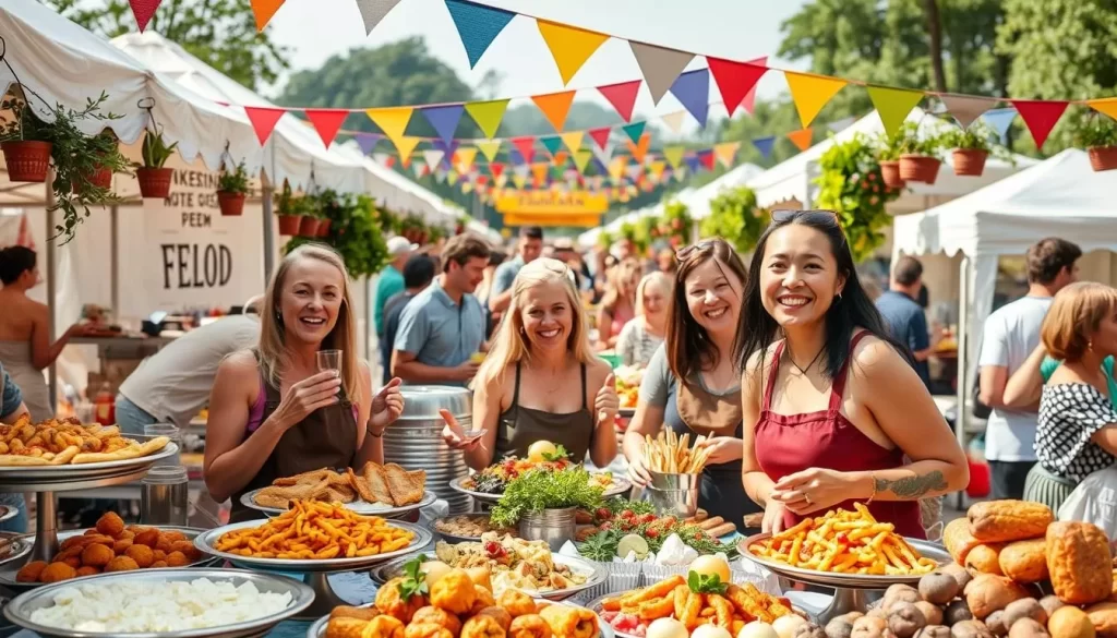 Generate an image of a vibrant food festival in West Virginia, with diverse culinary offerings and happy attendees.