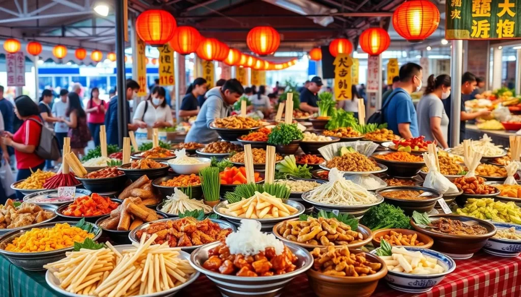Generate an image of a vibrant food festival scene in Hualien County, Taiwan, with various local dishes on display.