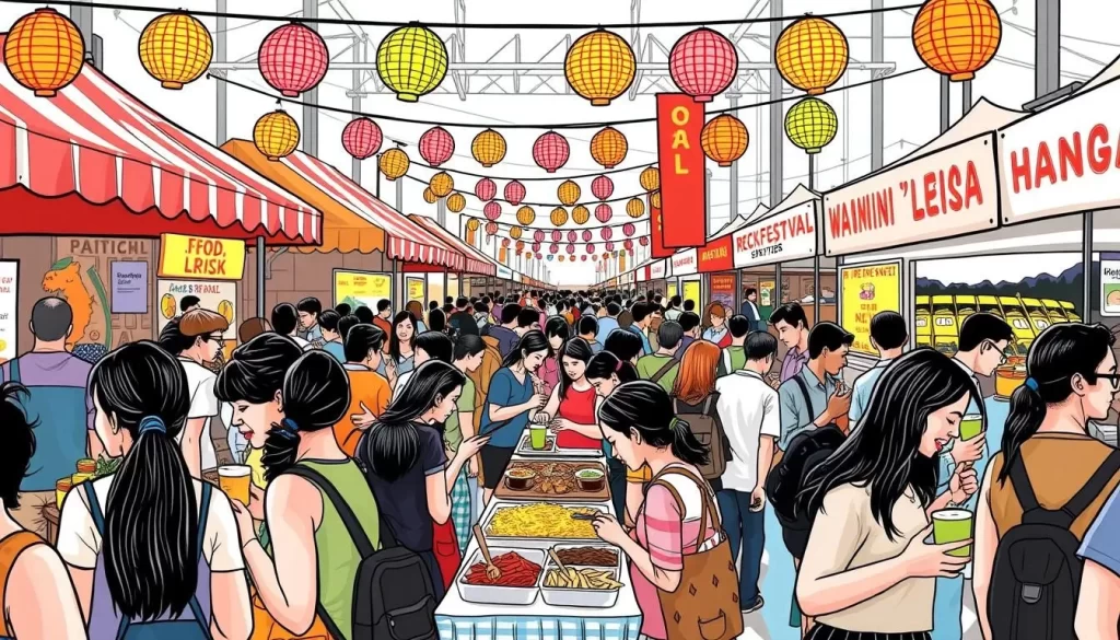 Generate an image of a vibrant food festival scene in New Jersey, with people enjoying local cuisine and drinks.
