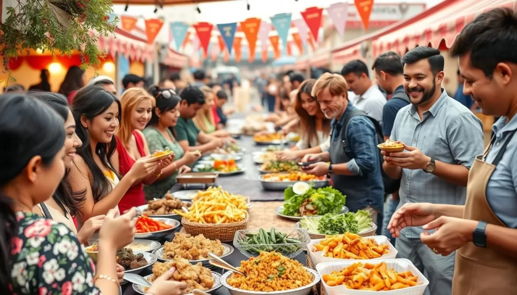Generate an image of a vibrant food festival with diverse cuisines and happy attendees.