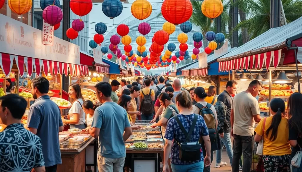Generate an image of a vibrant food festival with diverse vendors and attendees enjoying local cuisine.