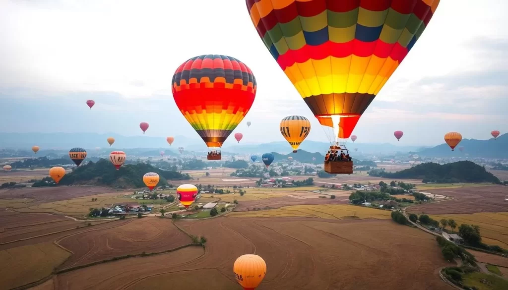 Generate an image of a vibrant hot air balloon carnival over Yilan's picturesque rice paddies.