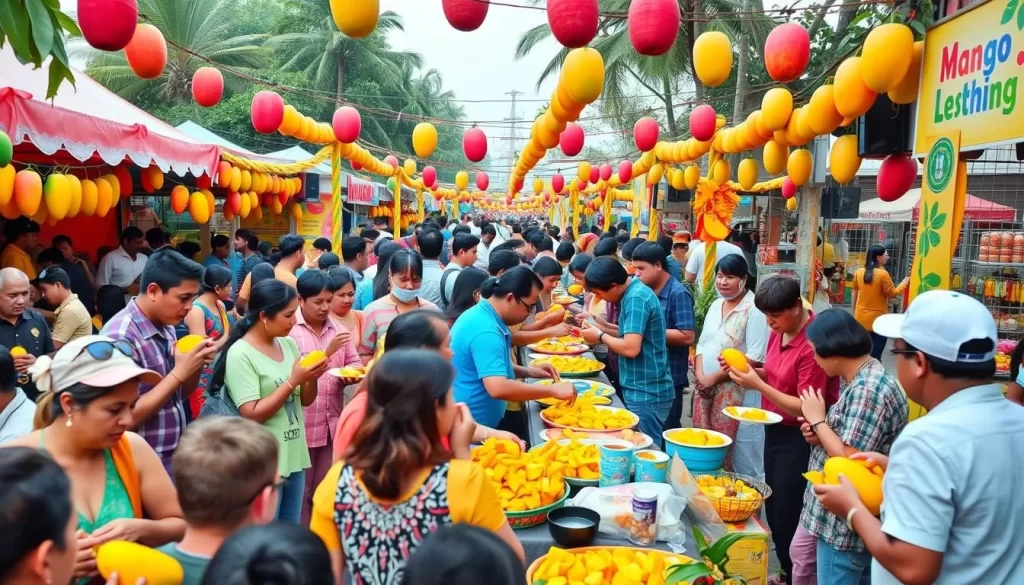 Generate an image of a vibrant mango festival with people enjoying mango dishes and participating in mango-eating contests.