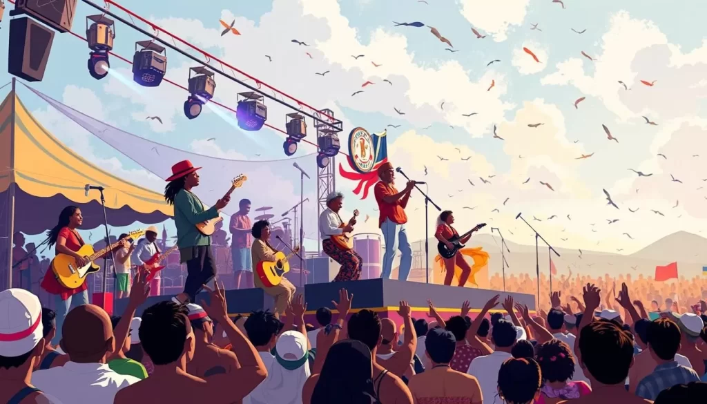 Generate an image of a vibrant music festival scene in Baucau, Timor-Leste, with diverse performers and attendees enjoying the event.