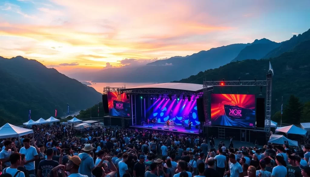 Generate an image of a vibrant outdoor music festival in Hualien County, Taiwan, with a stage set against a stunning natural backdrop.