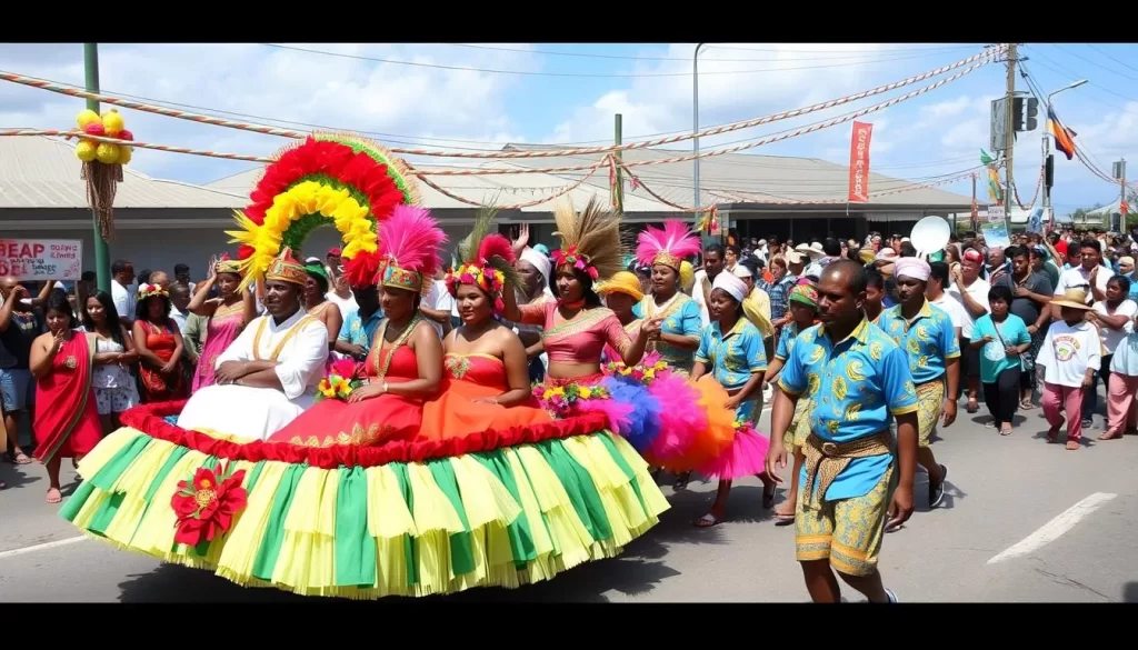 Generate an image of a vibrant parade in Majuro, Marshall Islands, featuring colorful floats and traditional attire.