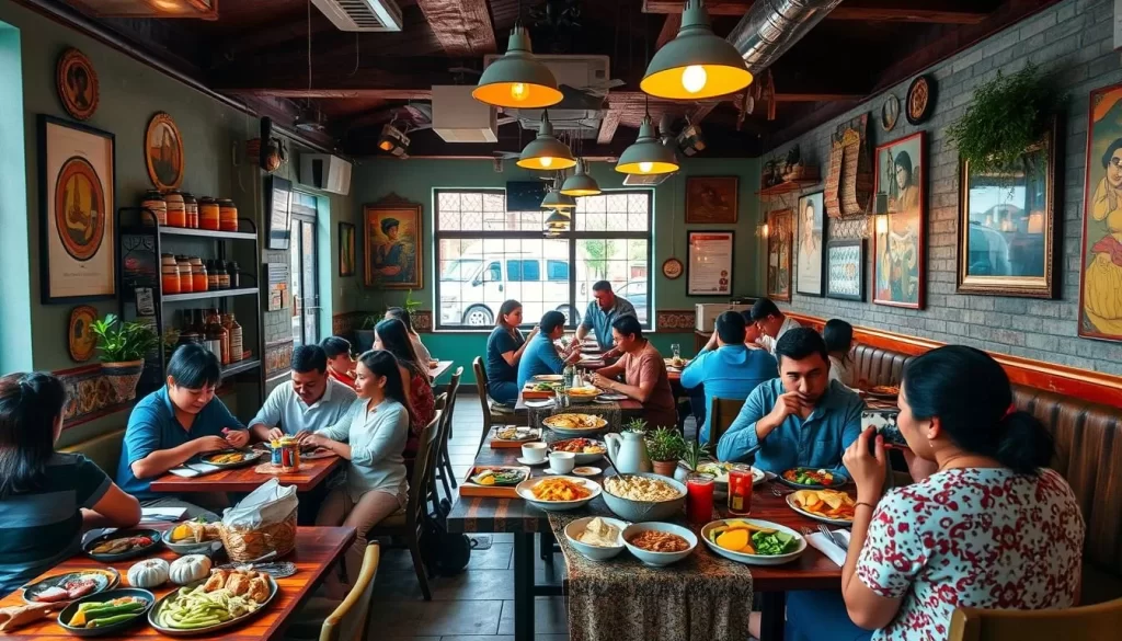 Generate an image of a vibrant restaurant scene in Cuenca, Ecuador, showcasing a mix of traditional and modern cuisine.