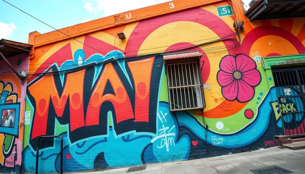 Generate an image of a vibrant street art mural in George Town, Penang