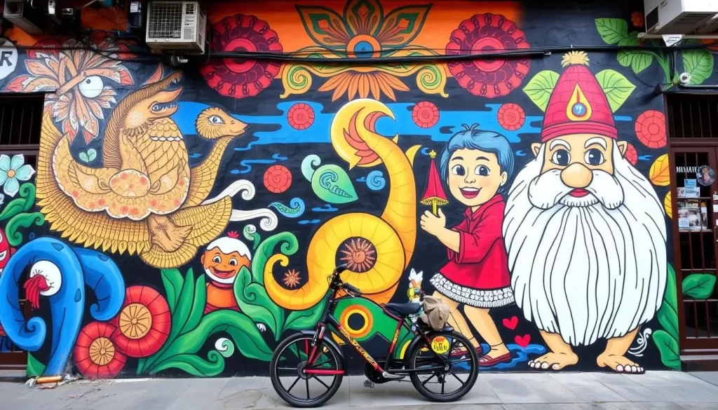 Generate an image of a vibrant street art mural in George Town, Penang.