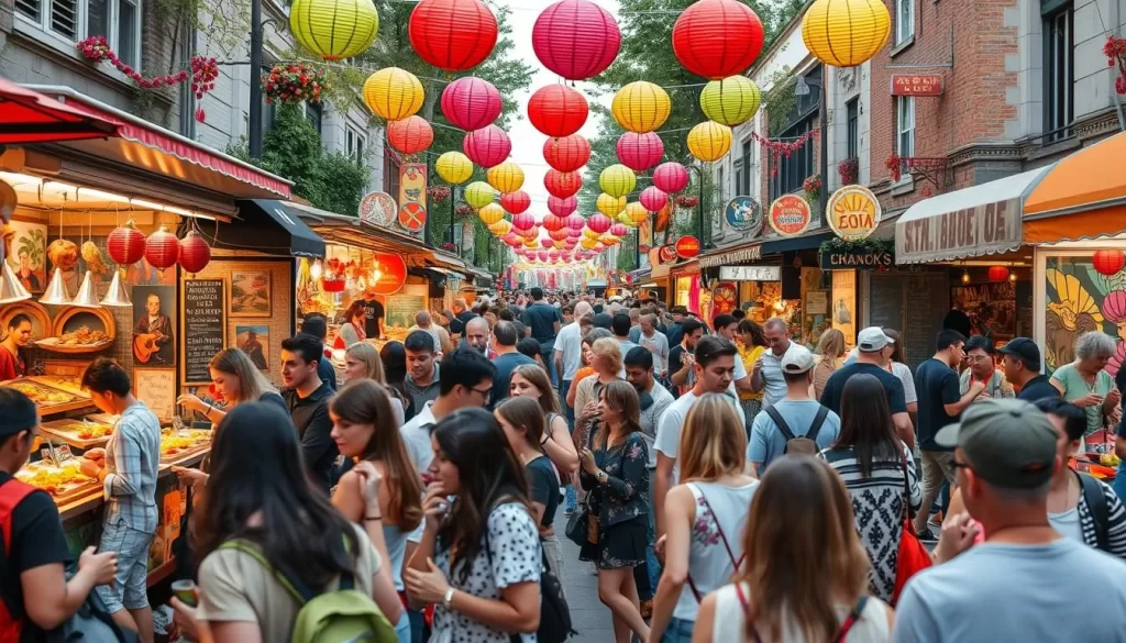 Generate an image of a vibrant street festival with people enjoying food, art, and music.