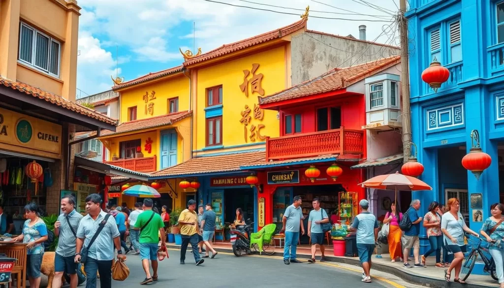 Generate an image of a vibrant street in Kampung Cina, with shophouses and people walking.