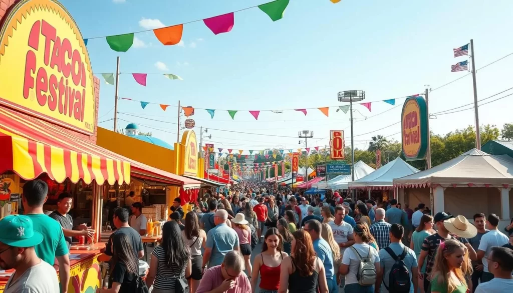 Generate an image of a vibrant taco festival with various vendors and food stalls.