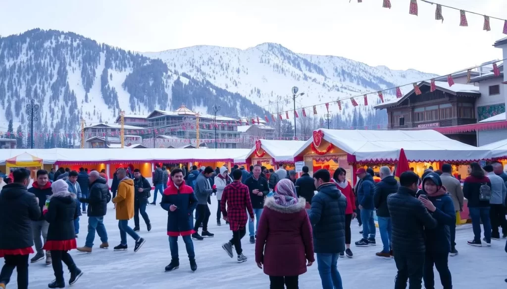 Generate an image of a vibrant winter carnival in Manali, Himachal Pradesh, with snow-covered landscapes and people enjoying various activities.
