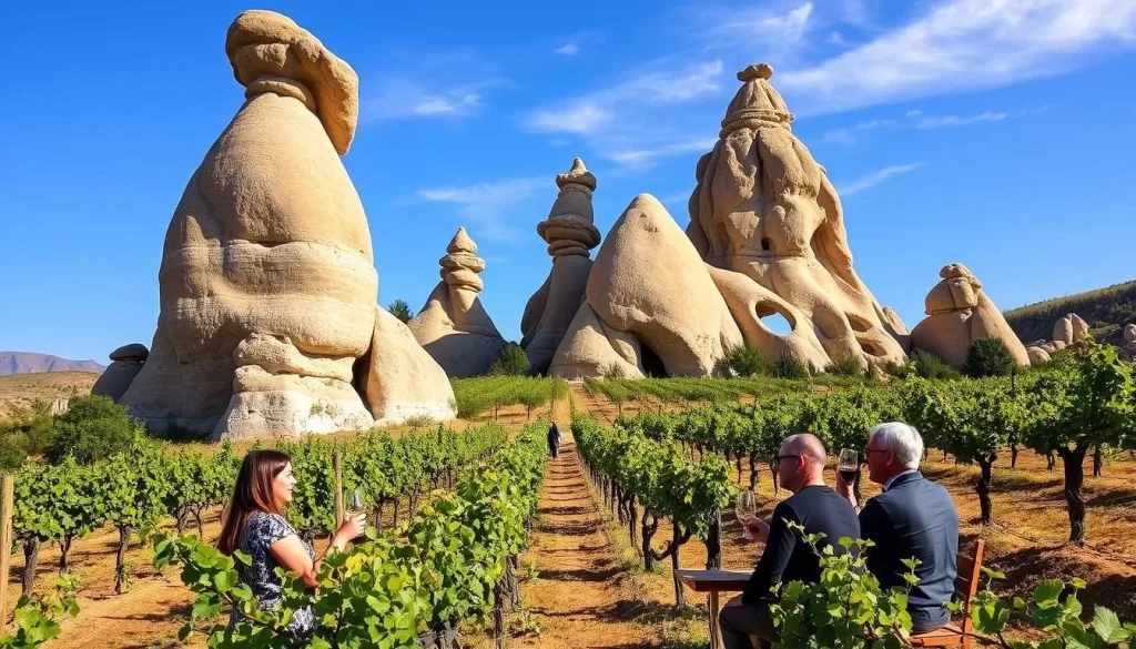 Generate an image of a vineyard in Cappadocia with a wine tasting session.