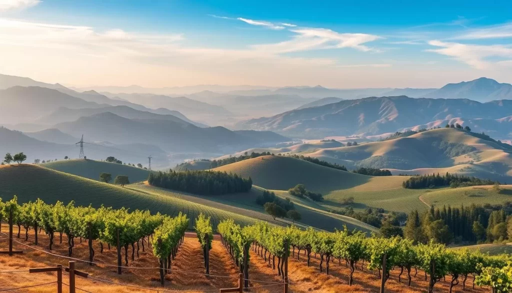 Generate an image of a vineyard in Hua Hin, Thailand, with rolling hills and a scenic landscape.