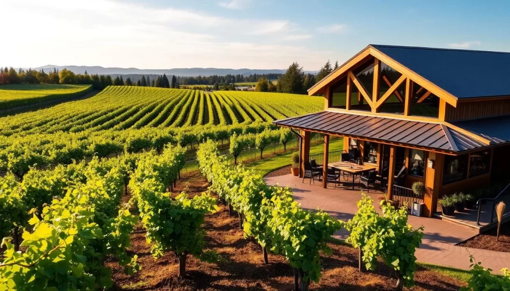 Generate an image of a vineyard in Woodinville Wine Country, showcasing rows of grapevines and a wine tasting room.