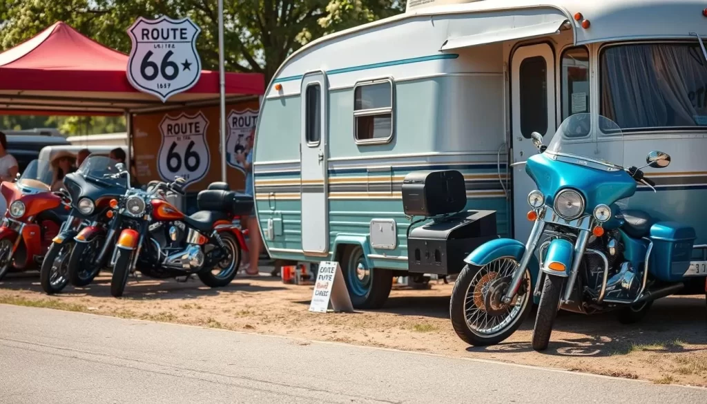 Generate an image of a vintage RV and motorcycle display at the Route66 Road Fest in Tulsa.