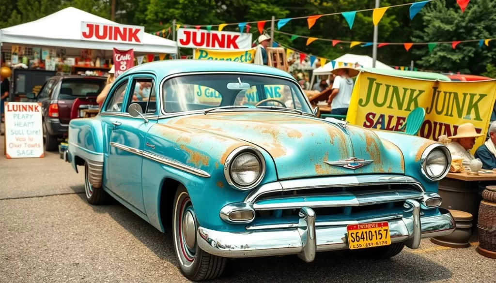 Generate an image of a vintage car sale at a garage sale along the Junk Jaunt route.