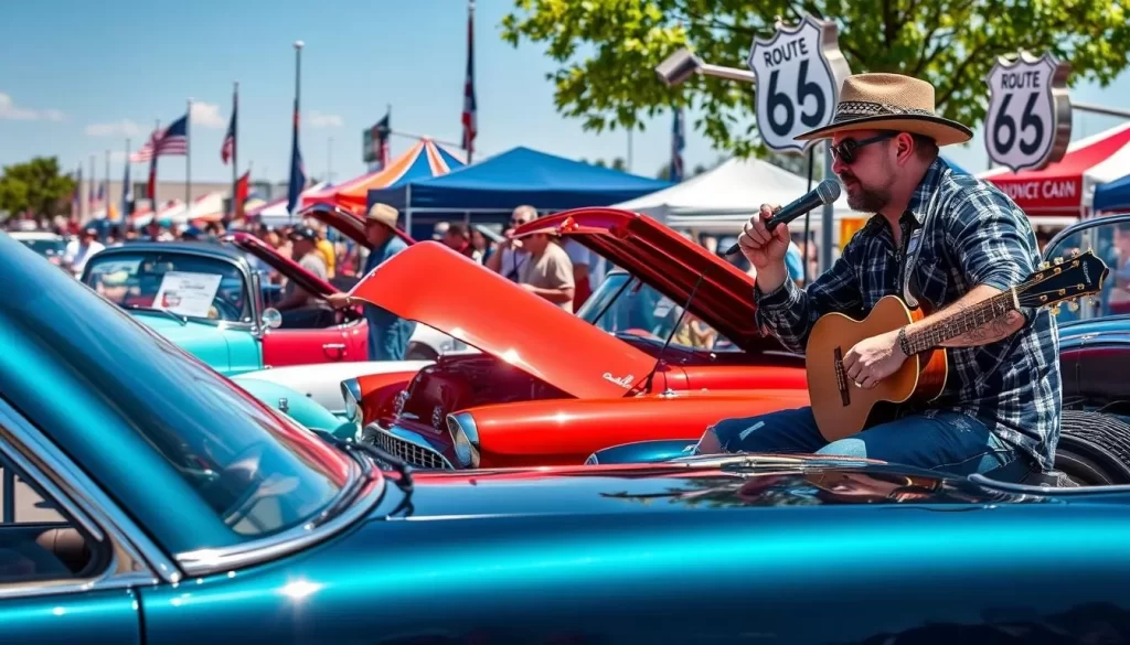 Generate an image of a vintage car show with rockabilly performers at the Elk City Route66 Festival.