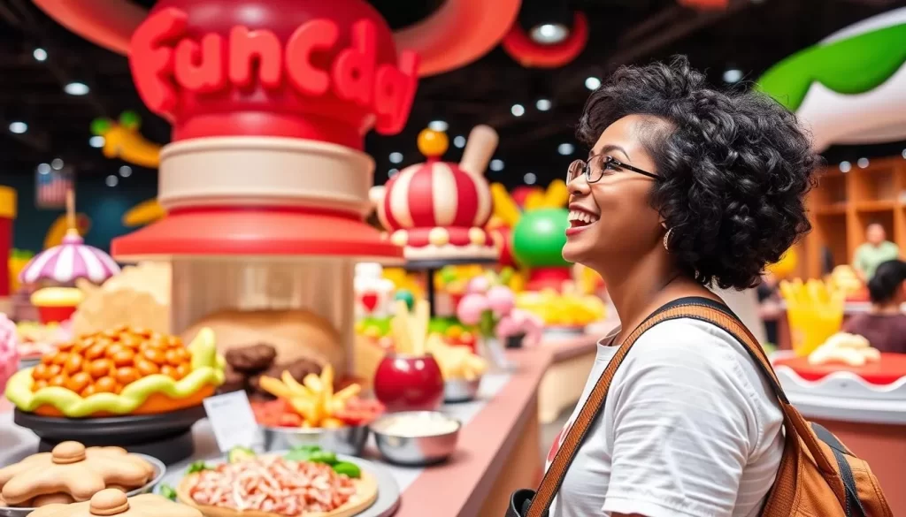 Generate an image of a visitor admiring the food replicas at the Wonderfood Museum, with a lively and appetizing atmosphere.