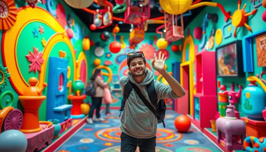 Generate an image of a visitor posing in a 3D Trick Art Museum installation, with a fun and colorful background.