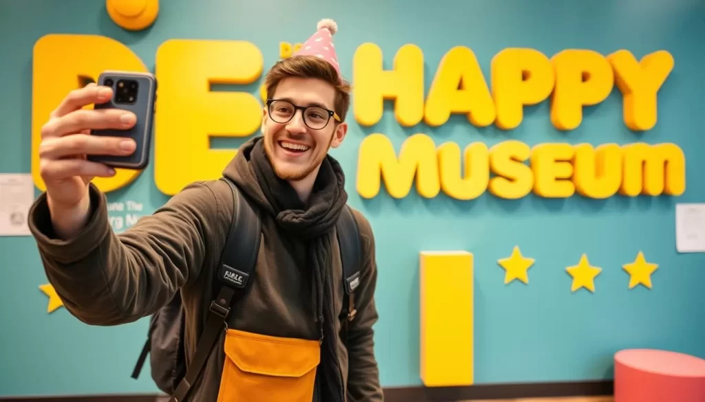 Generate an image of a visitor taking a fun photo at the Be Happy Museum, with a brightly colored background and quirky props.