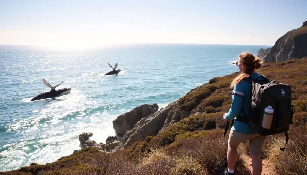 Generate an image of a walker on the Bondi to Coogee Coastal Walk with whales in the distance