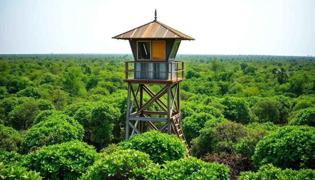 Generate an image of a watchtower in Sundarbans National Park with a lush mangrove forest in the background.