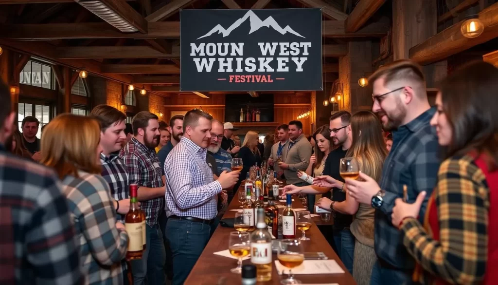 Generate an image of a whiskey tasting event at the Mountain West Whiskey Festival.
