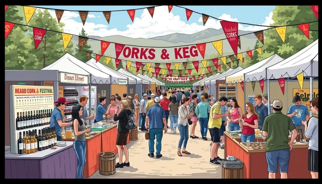 Generate an image of a wine and craft beer tasting event at the Deadwood Forks, Corks & Kegs Festival.