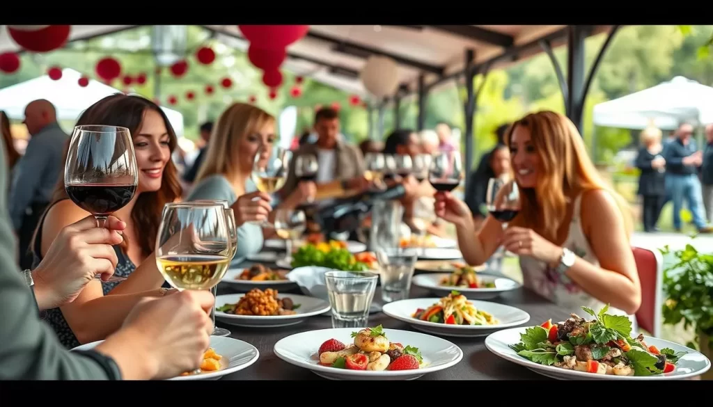 Generate an image of a wine tasting event at the SoWal Wine Festival, with attendees sampling wine and enjoying gourmet food.