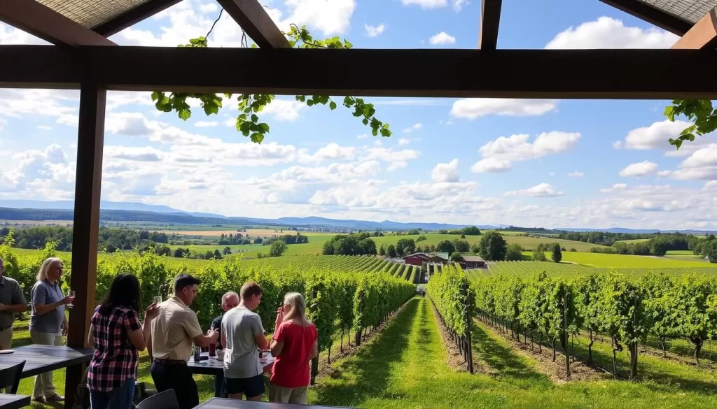 Generate an image of a wine tasting scene at Arbor Day Farm in Nebraska City. Generate an image of a wine tasting scene at Arbor Day Farm in Nebraska City.