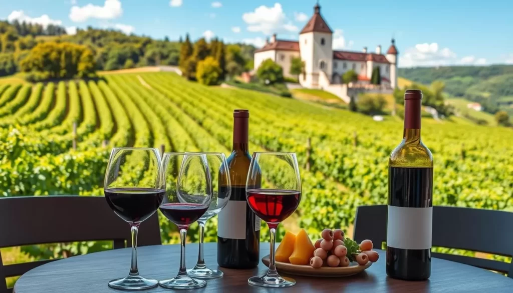 Generate an image of a wine tasting scene in Eisenstadt, Austria, with a backdrop of vineyards and a historic castle.
