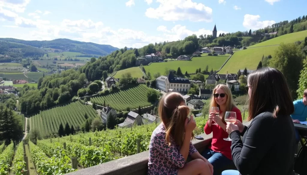 Generate an image of a wine tasting tour in Luxembourg's Moselle Valley.
