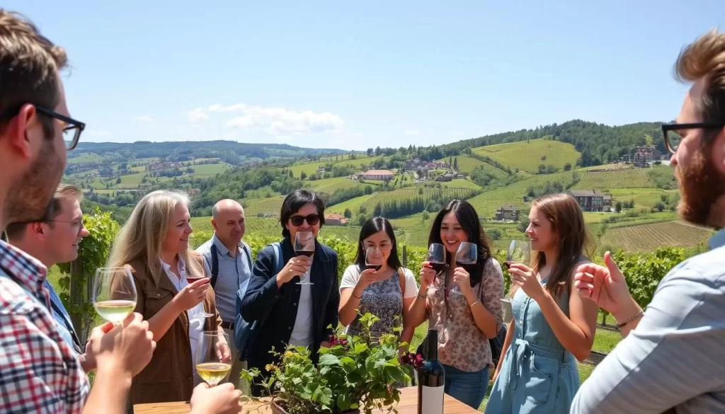 Generate an image of a wine tasting tour in the Moselle Valley, featuring a group of people tasting wine at a vineyard.