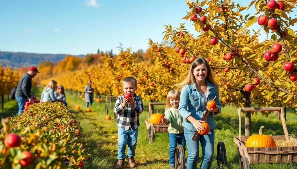 Generate an image of an apple orchard with people picking apples and enjoying fall activities.