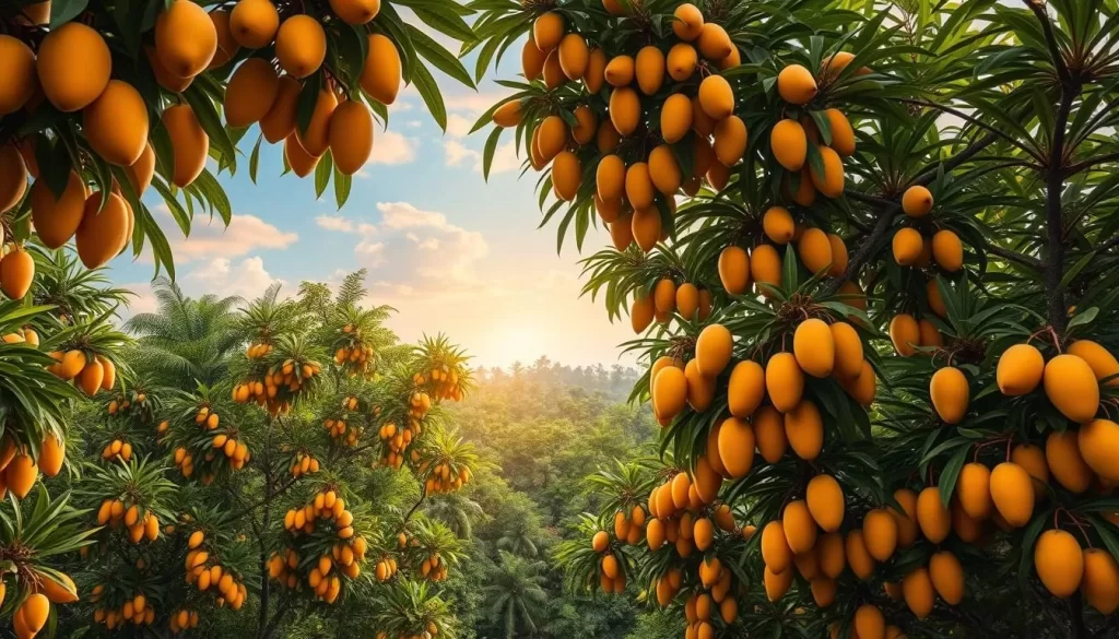 Generate an image of an expansive mango forest with fruit-laden trees.