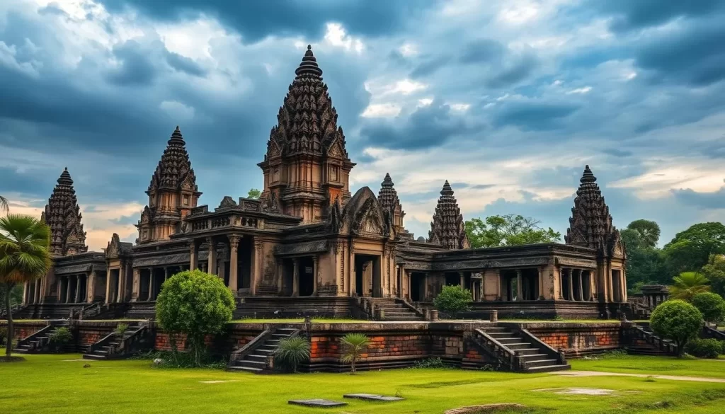 Generate an image of ancient Khmer temple ruins with historical significance.
