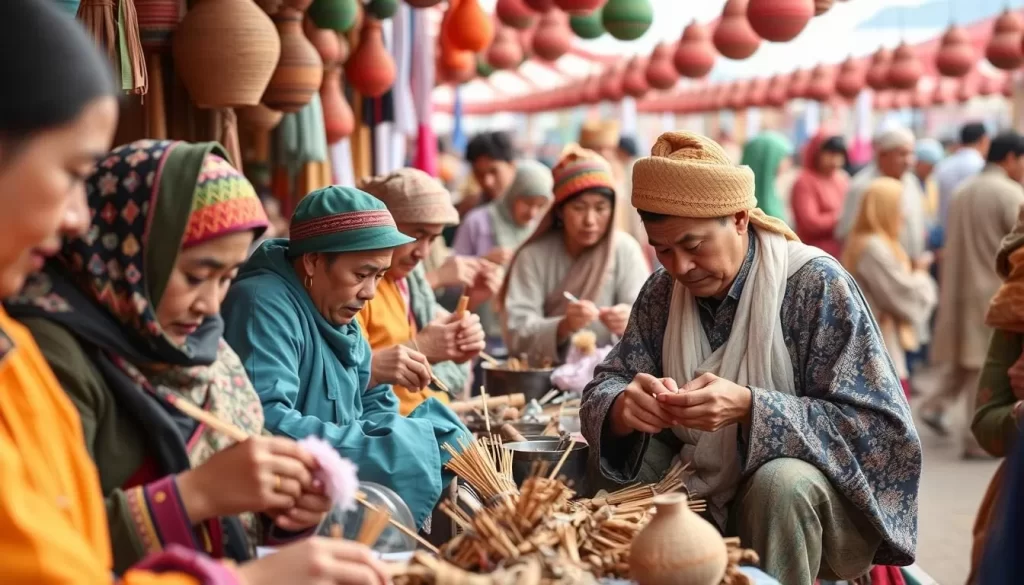 Generate an image of artisans at work during the Kokand International Handicrafters Festival "Khunarmand."