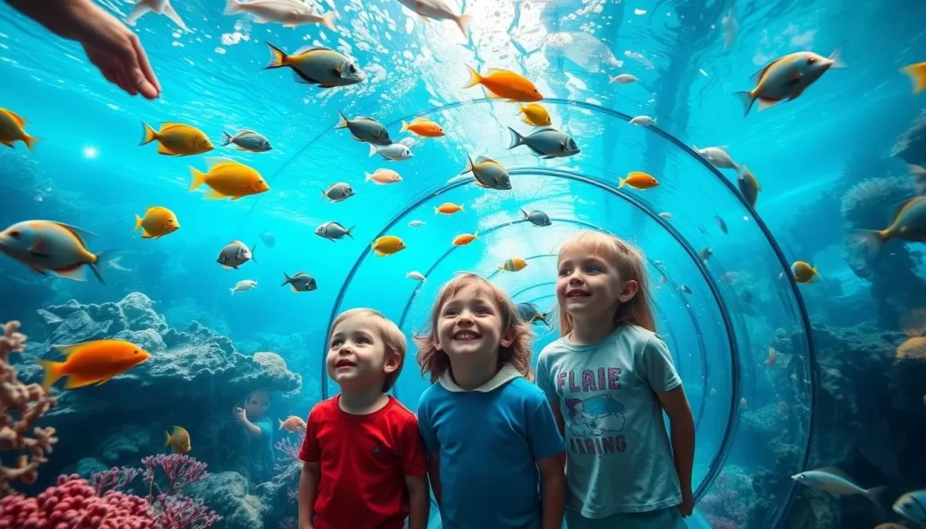Generate an image of children observing marine life through the underwater tunnel.