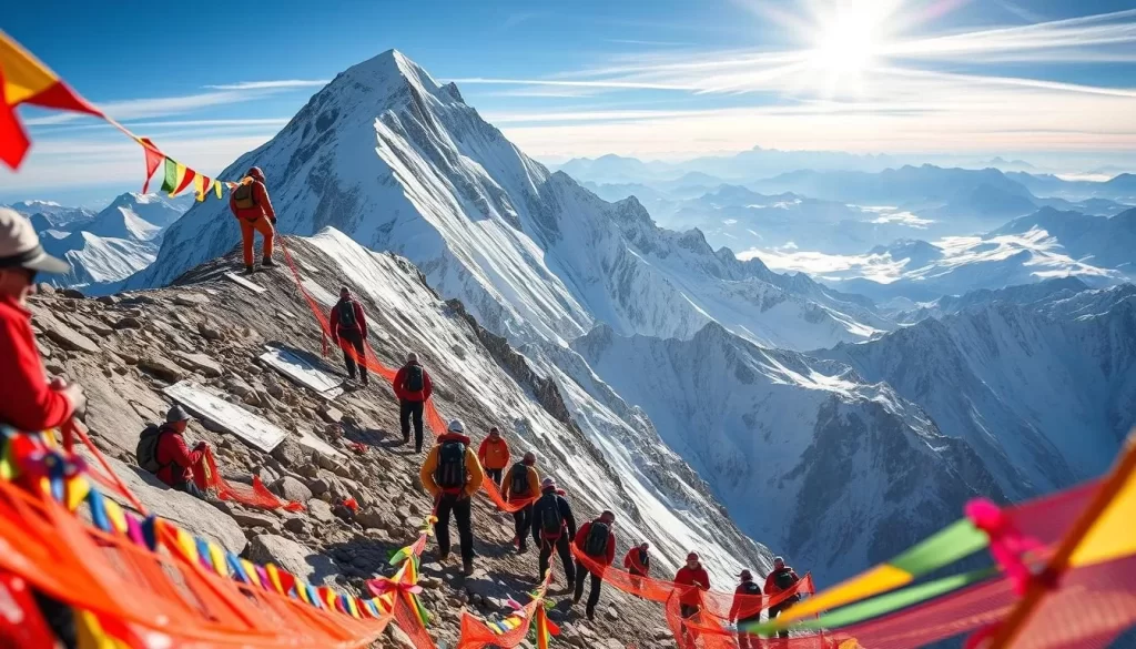 Generate an image of climbers ascending Khan Tengri Peak during the festival.