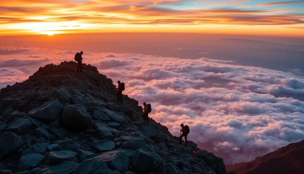 Generate an image of climbers ascending Mount Kinabalu at sunrise.