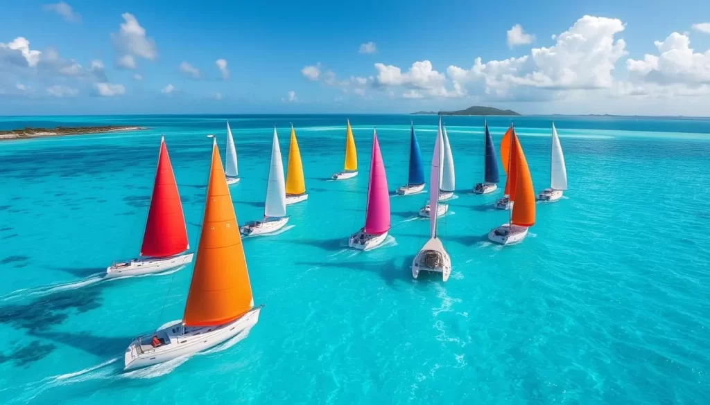 Generate an image of colorful sailboats racing in the turquoise waters of the Cocos (Keeling) Islands.