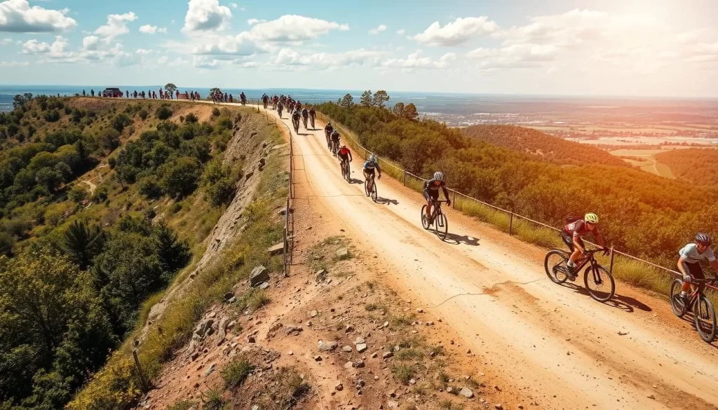 Generate an image of cyclists riding through Cry Baby Hill during the Tulsa Tough event, highlighting the challenging terrain and scenic views.