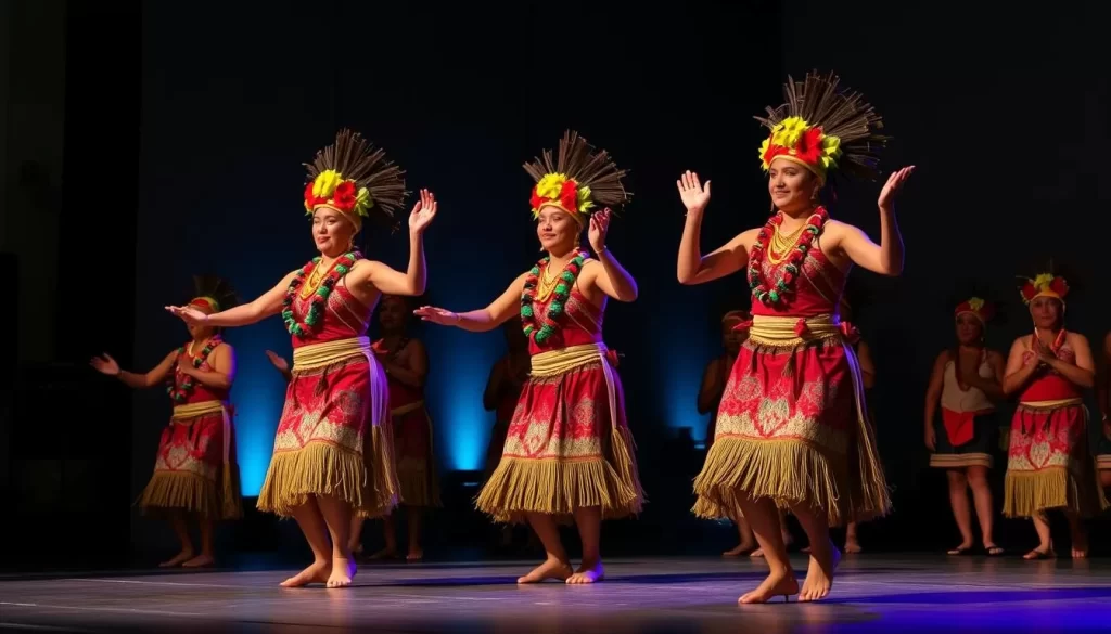 Generate an image of dancers performing at Te Mire Ura in the National Auditorium of Rarotonga.