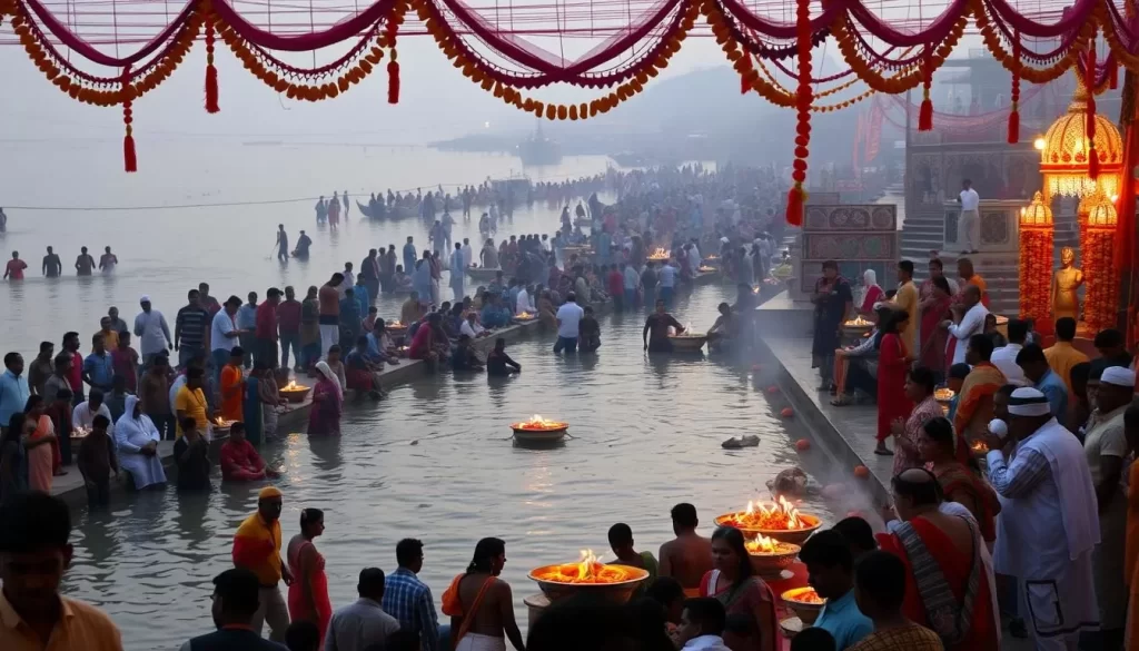Generate an image of devotees gathered at the Ganges River ghats during Chhath Puja